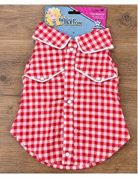 Doggy Parton Red White Gingham Western Dog Shirt Size Med (14-17in.) NWT